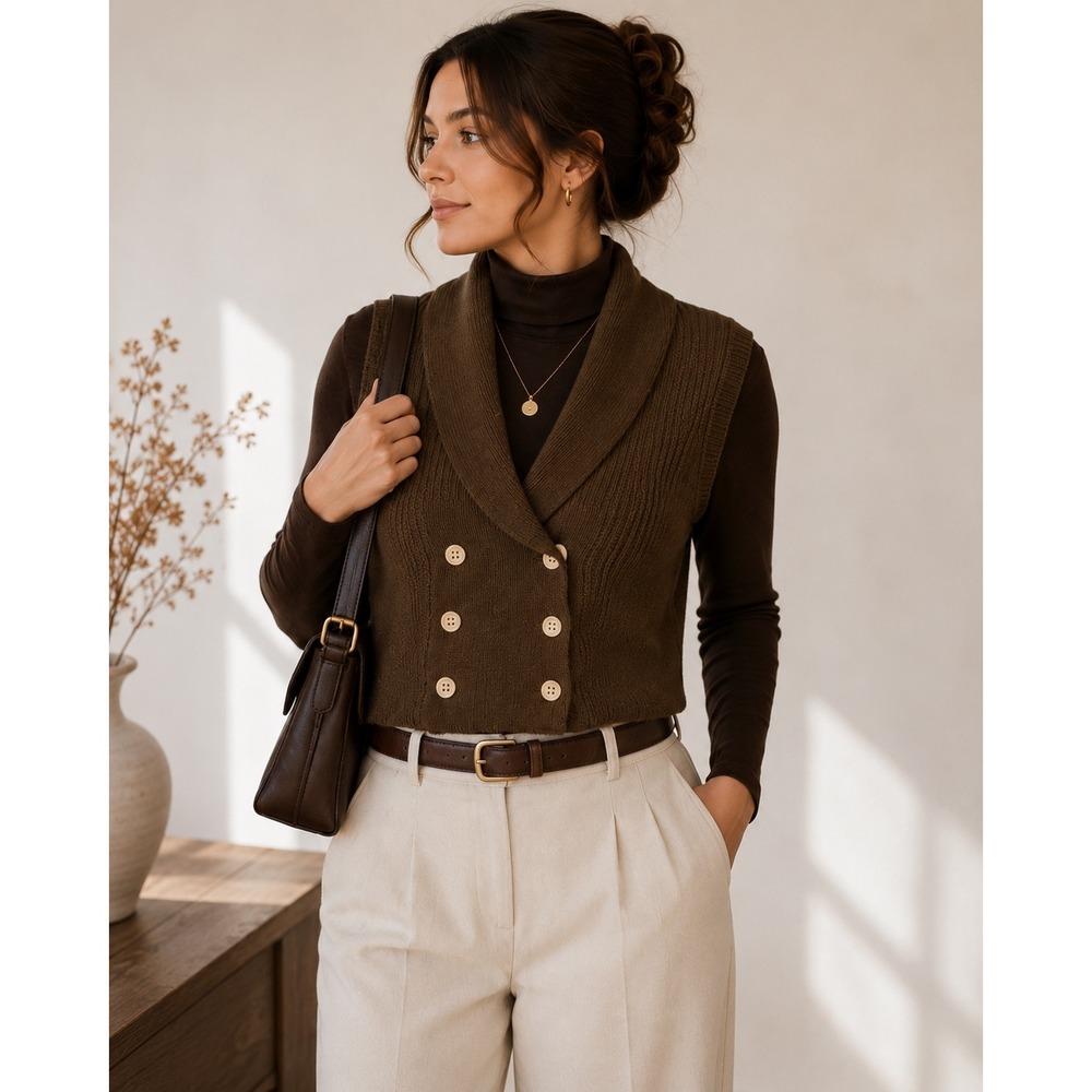 Vintage Sweater Vest Women S Brown Lambswool Angora Shawl Collar Preppy Academia